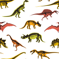 Dinosaurs and pterodactyl types of animals seamless pattern isolated on white background vector.