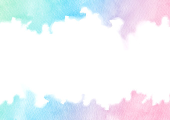 Hand painted colorful watercolor texture frame isolated on the white background. Rectangular border template for cards and wedding invitations of green, blue and pink gradient colors.