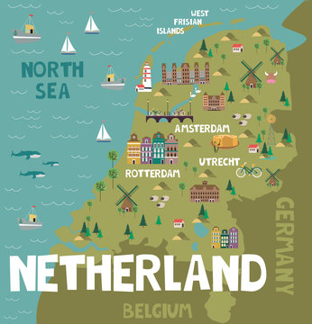 Illustration map of Netherland with city, landmarks and nature. Editable vector illustration