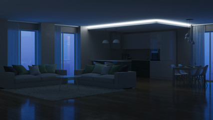 Modern house interior. Evening lighting. Night. 3D rendering. - 234217936