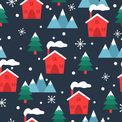 Winter and Christmas themed village seamless pattern