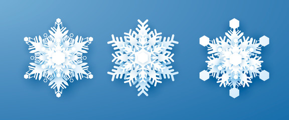 White Paper Snowflakes Set. New Year and Christmas decoration. Vector illustration isolated on bleu background