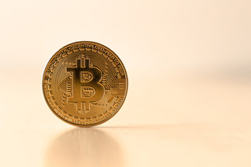 Golden Bitcoin on table with a reflective surface of bitcoin , copy space for text -  conceptual image for crypto currency.