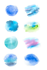 Set of blue and green watercolor spots on white background, watercolor hand drawn