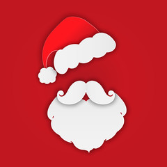 Poster with Santa Claus. Hipster Santa Claus beard, mustache and hat paper cut. Design banner Merry Christmas and New Year holiday. Paper cut style. Vector illustration.