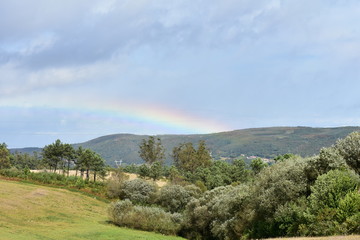Atumn landscape with rainbow. Rainy day, cloudy grey sky. Trees, grass and bushes. Galicia, Spain.