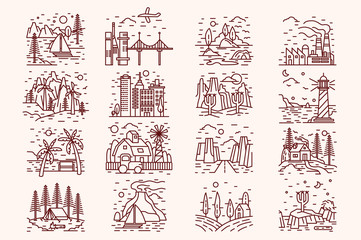 Obraz premium Isolated icons of landscape, monochrome, lineart style. Bridge set with lighthouse line contour, beach, seashore and ocean scenery. Natural linear beautiful collection. Vector illustration.