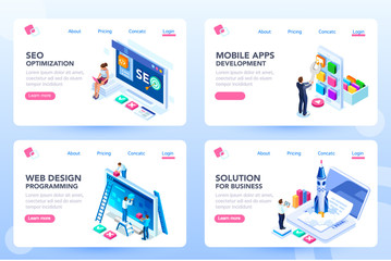 App for business solutions. Modern login on social menu homepage. Set of landing responsive ui for e-commerce. Coding layout and programming for an innovative optimization, html idea. Isometric vector