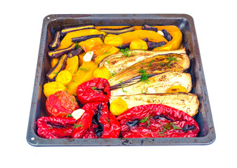 Seasonal vegetables baked on baking sheet