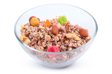 Bowl of granola breakfast isolated on white background