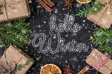 HELLO WINTER lettering design. Winter holiday composition.