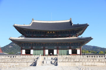 Gyeongbokgung Palace in Seoul, South Korea. Writing on the building: Geunjeongjeon Hall