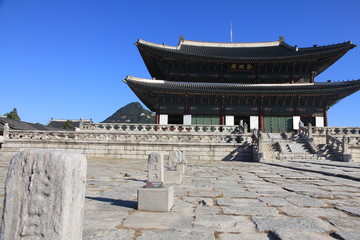 Gyeongbokgung Palace in Seoul, South Korea. Writing on the building: Geunjeongjeon Hall