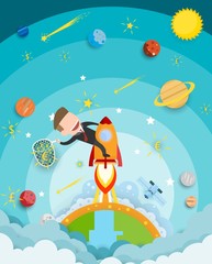Naklejka premium Businessman riding a rocket and smoke through cloud Business startup concept. vector illustration. flat design.