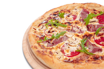 Delicious pizza served on wooden plate isolated on white