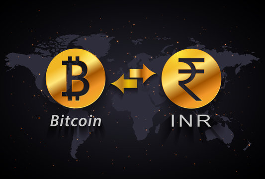 Indian rupee to Bitcoin currency exchange infographic template on world map background