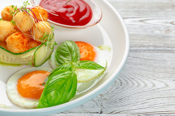 Club sandwich panini with ham, tomato, cheese and basil with cheese balls
