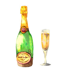 シャンパンボトルとグラスの水彩画
