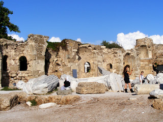 Side,Antalya, Turkey -17/10/2010:  Ruins of the Temple of Apollo in Side in a beautiful summer day, Antalya, Turkey