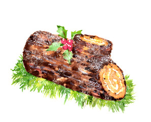 ブッシュドノエルの水彩イラスト　bûche de Noël