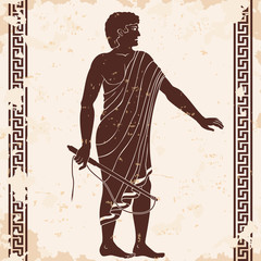 Ancient Greek man with a whip in his hand. Manager at the household yard. Figure on a beige background with the aging effect.