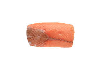 Raw piece of sliced salmon isolated over white background.