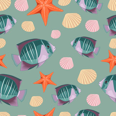 Seamless texture on a blue background starfish, seashells, fish.