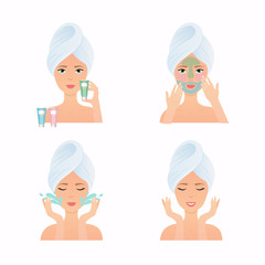 How to apply multiple face masks. Face care routine. Girl Care Her Face.  Skincare vector.