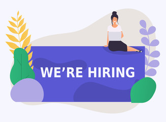 WE'RE HIRING banner. Business hiring and recruiting concept.