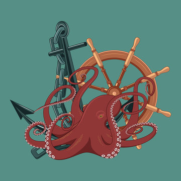 Vector image of an octopus, anchor, helm on a blue background.