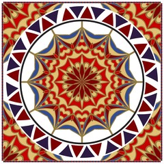 Ornamental floral print with color mandala. For design of carpet, shawl, pillow, cushion. Vector illustration