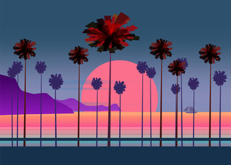 Summer vacation road, tropical beach Sunset, ocean, sea, with Palm trees ,vector illustration, poster, baner, isolated