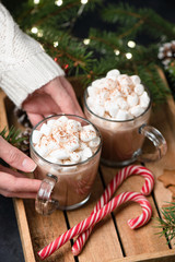 Hot Chocolate With Marshmallows And Candy Cane. Woman hands holding mug of hot chocolate or hot cocoa drink. Winter, Christmas or New Year comfort food concept
