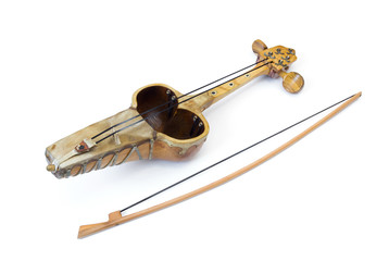 Kazakh national string instrument kyl-kobyz with bow isolated on white background