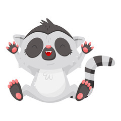 Funny laughing lemur with paws up. Cartoon character of exotic animal with long striped tail. Flat vector design