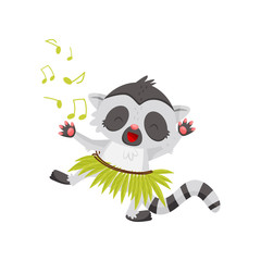 Funny lemur dancing in green hula skirt. Joyful humanized animal with long black-and-white tail. Flat vector design