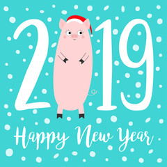 Happy New Year 2019 text. Cute fat pig. Santa hat. Pink piggy piglet. Snow flake. Chinise symbol. Cartoon funny kawaii smiling baby character. Flat design. Isolated. Blue background.