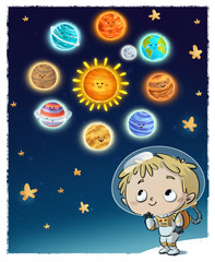 niño austronauta con planetas en el espacio © cirodelia