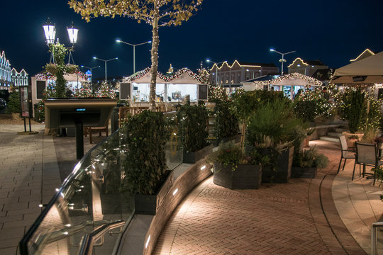 Restaurant area in Parndorf outlet in Christmas decorations, Austria