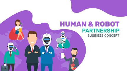 human and robot partnership business concept banner design