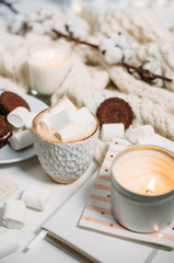 Cozy home winter arrangement, cocoa with marshmallows, homemade 