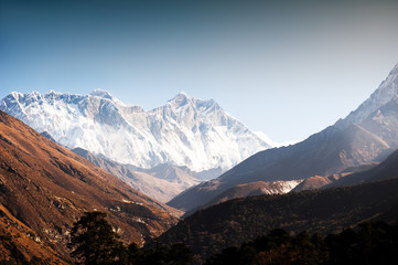 View of Mount Everest, Lhotse and Nuptse at sunrise from Tengboche. Everest Base Camp trek in Nepal