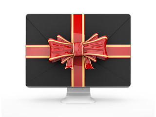 Computer monitor with ribbon and bow, gift concept. 3D rendering isolated on white