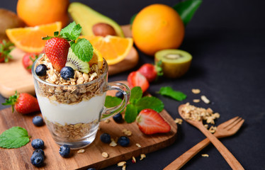 Granola and yogurt and fruits on topping in glass