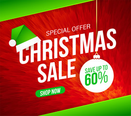 Christmas Sale banner for special offers, sales and discounts. Abstract red furry background. 60% off