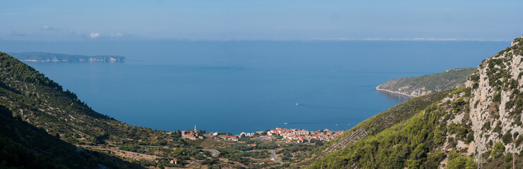 Aerial panorama of city Komiza on island Vis in Croatia