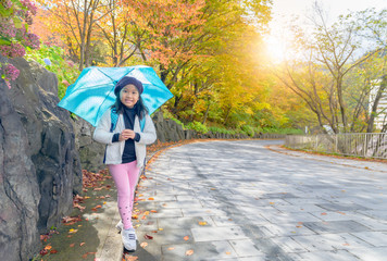traveler holding umbrella on autumn leaves background,