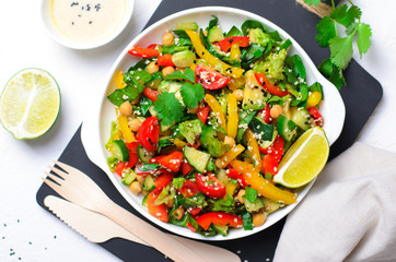 Fresh Vegetable Salad, Healthy Vegan Meal with Avocado, Chickpea, Bell Pepper, Cucumber and Spinach