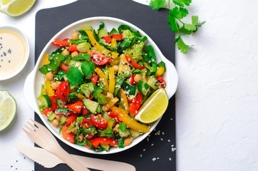 Fresh Vegetable Salad, Healthy Vegan Meal with Avocado, Chickpea, Bell Pepper, Cucumber and Spinach