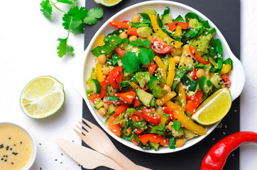 Fresh Vegetable Salad, Healthy Vegan Meal with Avocado, Chickpea, Bell Pepper, Cucumber and Spinach